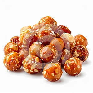 Pile of Glazed Nuts Sprinkled with White Sugar on White Background