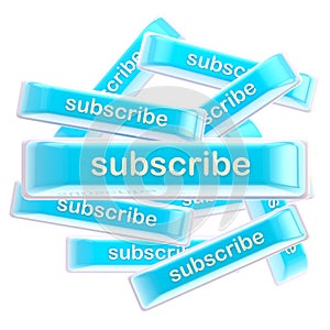 Pile of glossy bright subscribe buttons isolated