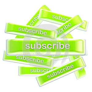 Pile of glossy bright subscribe buttons isolated