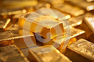 A pile of gold bars bullions close up