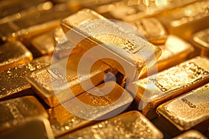 A pile of gold bars bullions close up