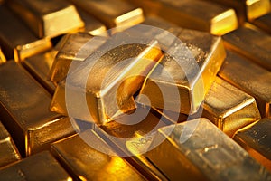 A pile of gold bars bullions close up
