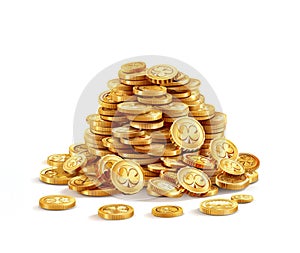 Pile of gold coins with clover icon isolated on a white background. Patricks Day design