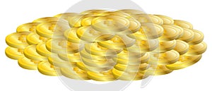 Pile of gold coins. The emblem on the money in the form of a four-leaf clover. Color vector illustration. A scattering of gold.