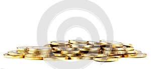 A pile of gold coins isolated on a white background. Treasure hunt. Scattered coins on the white background.