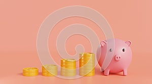 Pile of gold coins on orange background.Piggy bank on orange background.Symbol of goals in savings.investing and business.money