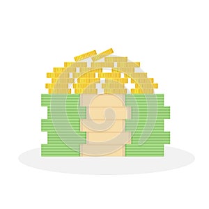 Pile of gold coins. Stack of dollars. Big money. Pile of cash. Vector icon.