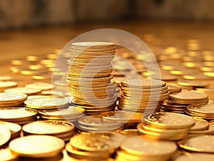 Pile of gold coins on top of wooden table. There are several rows of coins, with first row having 12 coins and second