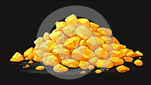 The pile of gold nuggets is isolated on a black background with an icon of a treasure, trophy, wealth, which consists of