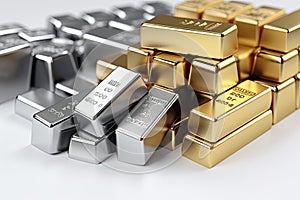 A pile of gold and silver bars of different