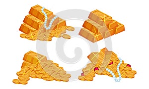 Pile of Golden Coins, Ingots and Jewelry Vector Set