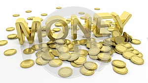 Pile of golden coins and word Money