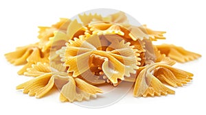 Pile of golden farfalle pasta on a white surface.