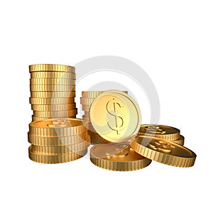Pile of golden money coins on white background, 3d rendering
