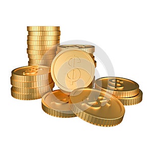 Pile of golden money coins on white background, 3d rendering