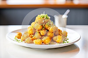 pile of golden tater tots on a white plate