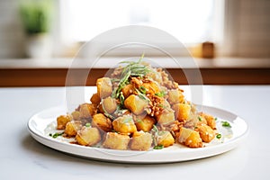 pile of golden tater tots on a white plate