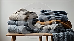 Pile of gray and blue woolen sweaters on stool over white background. Cleaning concept.