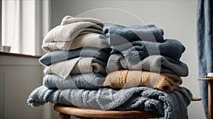 Pile of gray and blue woolen sweaters on stool over white background. Cleaning concept.