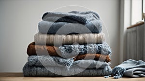 Pile of gray and blue woolen sweaters on stool over white background. Cleaning concept.