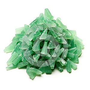 Pile of green crystal quartz crystals isolated on white background cutout