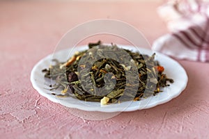 Pile of green leaves Sencha tea