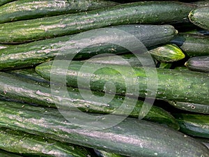 Pile of green long-shaped cucumbers in groceries store