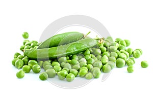 Pile of green peas and pair of pods