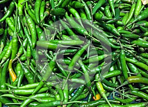 Pile of Green small Chili in the tray. Texture background of green pepper.