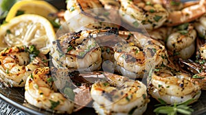A pile of grilled shrimp drizzled with lemon and herbs sitting on a platter ready to be devoured