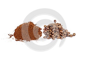 Pile of the ground coffee and beans isolated on white