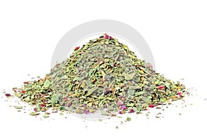 Pile of ground dried Basil isolated on white.