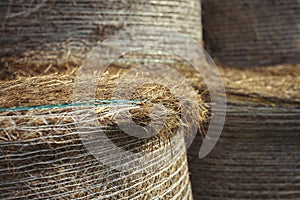 Pile of hay bales on the field at sunny day. Detail view of big rolled haystack. Close up of round hay rolls on meadow