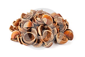 Pile of hazelnut shells isolated on white background. Healthy vegetarian eating, antioxidant and protein source. Food waste and