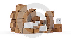 Pile, heap of cardboard boxes isolated on a white background. Cardboard boxes for the delivery of goods. Packages