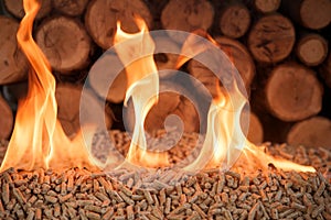 Pile of coniferous pellets in flames - wooden biomass