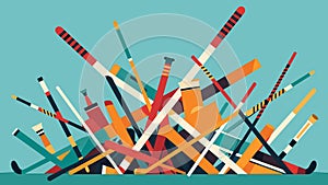 A pile of hockey sticks in various lengths and brands waiting to be picked out by a bargainhunting player.. Vector photo