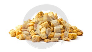 Pile of homemade bread croutons isolated