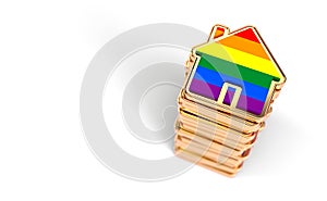 Pile of homes colored with rainbow flag as growing number of gay couples decides to live together. Isolated on white background