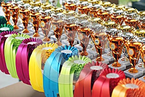 Pile of horse riding ribbons and trophy awards. Group of beautiful colorful trophies