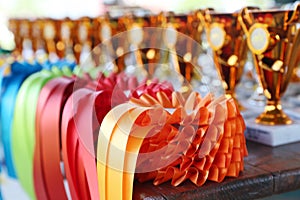 Pile of horse riding ribbons and trophy awards. Group of beautiful colorful trophies