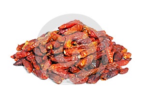 Pile Hot chili peppers isolated on white.