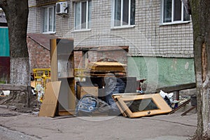 A pile of household furnishings, damaged by Hurricane