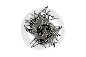 A pile of iron nails lie on a white background