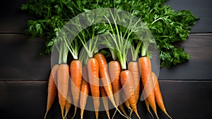 Pile of juicy ripe healthy green leafy carrots in a row on wood wide background