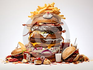 pile of junkfood burgers white background, ai generative