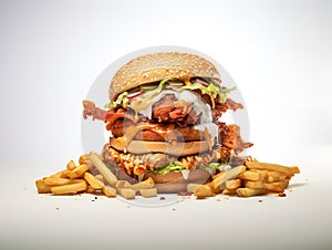 pile of junkfood burgers white background, ai generative