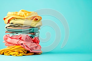 Pile of knitted sweaters and cozy scarves on solid background with copy space, Stack of clothes