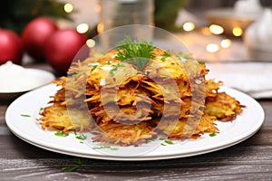 a pile of latkes on a white plate for hanukkah