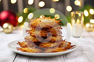 a pile of latkes on a white plate for hanukkah